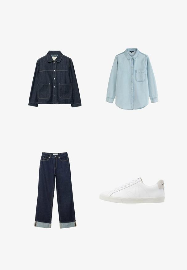 Dunkelblaue Jeansjacke mit silbernen Druckknöpfen vorne, zwei aufgesetzten Fronttaschen und geradem Kragen.; Hellblaues Jeanshemd mit langen Ärmeln, Knopfleiste, einer Brusttasche vorne und klassischem Kragen, dargestellt vor weißem Hintergrund.; Dunkelblaue, weit geschnittene Jeans mit hoher Taille, ausgestattet mit aufgerollten Säumen, Kontrastnähten und einem Fünf-Taschen-Design. Hergestellt aus Denim-Stoff.; Weiße Ledersneaker mit einer strukturierten, cremefarbenen Gummisohle. Zu den Merkmalen gehören Schnürsenkel, dezente Nähte und ein grauer Wildleder-Hackeneinsatz.