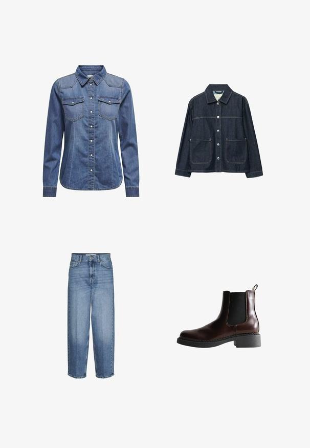 Donkerblauw denimjack met zilverkleurige drukknoopsluiting aan de voorkant, twee opgezette voorzakken en een rechte kraag.; Donkerblauw denim shirt met een kraag, lange mouwen, dubbele borstzakken en contrasterende stiksels.; Lichtblauwe denim wijde jeans met een hoge taille, vijf zakken en een vervaagde afwerking. Voorzien van een rits en riemlussen.; Bruine leren enkelboot met elastische zijpanelen, ronde neus en een gestructureerde zwarte rubberen zool. Heeft contrasterende stiksels en een lusje aan de achterkant.