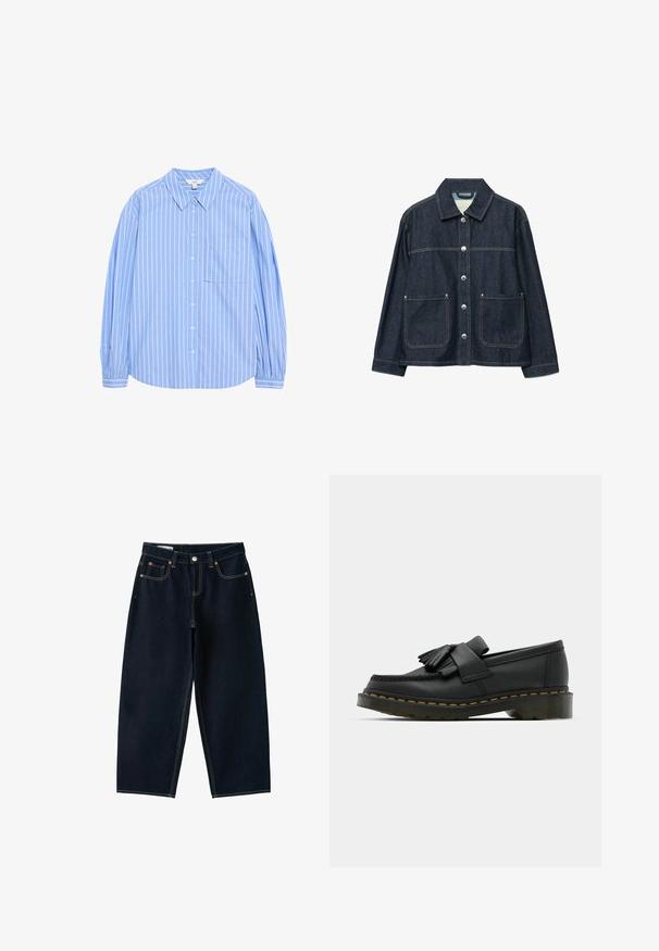 Mørkeblå denimjakke med sølvfarvede trykknapper foran, to forlommer med påsyede lommer og en lige krave.; Lys blå langærmet skjorte med knapper, hvide lodrette striber, kravedesign, en lomme på venstre bryst og sammenfaldne ærmer ved manchetterne.; Mørkeblå jeans med vide ben, fem lommer, knaplukning og kontrastsyning på hvid baggrund.; Sorte læder loafers med rund tå, der har frynse detaljer og et dekorativt bånd på tværs af fronten, sat på en kraftig hæl.