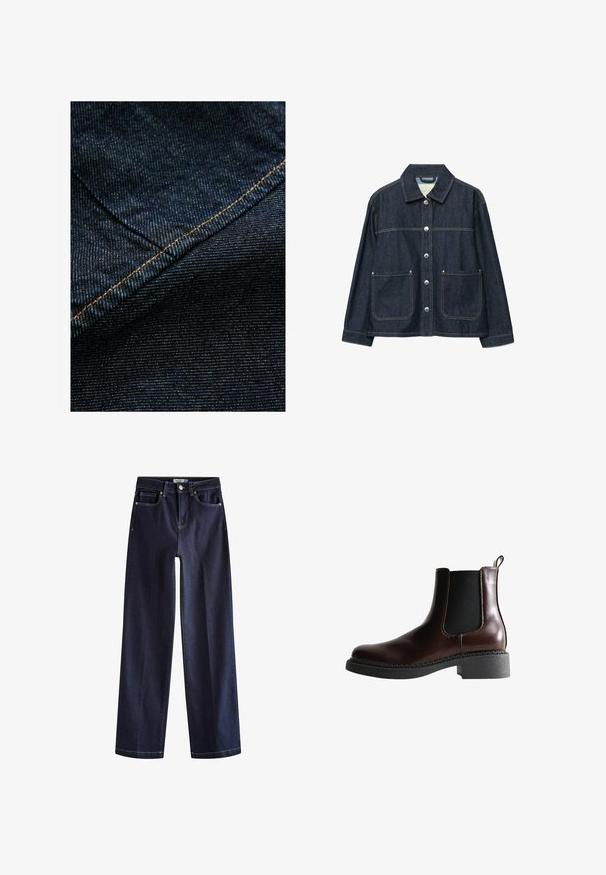 Donkerblauw denimjack met zilverkleurige drukknoopsluiting aan de voorkant, twee opgezette voorzakken en een rechte kraag.; Donkerblauwe denimstof met een subtiele verticale textuur, voorzien van oranje stiksels langs de naad voor accentuering.; Next Straight leg jeans - rinse blue; Bruine leren enkelboot met elastische zijpanelen, ronde neus en een gestructureerde zwarte rubberen zool. Heeft contrasterende stiksels en een lusje aan de achterkant.