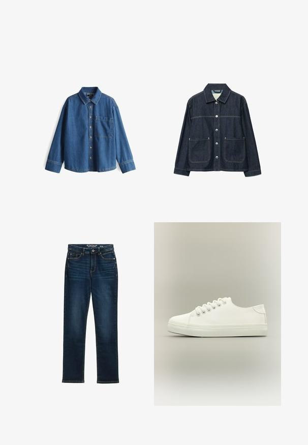Dunkelblaue Jeansjacke mit silbernen Druckknöpfen vorne, zwei aufgesetzten Fronttaschen und geradem Kragen.; Jeanshemd, hellblau, langärmlig, Knopfleiste vorne, Kragen, eine Brusttasche, kontrastierende Nähte und ein lässiger Schnitt.; Dunkelblaue gerade Jeans aus Denim, mit fünf Taschen, Metallknopfverschluss und Kontrastnähten. Keine sichtbaren Abnutzungen.; Weißer Low-Top-Sneaker mit weißen Schnürsenkeln und Gummisohle, seitlich auf neutralem Hintergrund dargestellt.