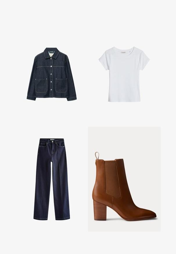 Veste en denim bleu foncé avec boutons-pression argentés sur le devant, deux poches plaquées à l'avant, et un col droit.; T-shirt blanc uni à manches courtes, col rond, coupe ajustée et coutures raglan discrètes sur les épaules.; Next Jean droit - rinse blue; Bottine en cuir marron avec talon bloc, panneaux latéraux élastiques et languette à l'arrière, vue de profil sur un fond uni.
