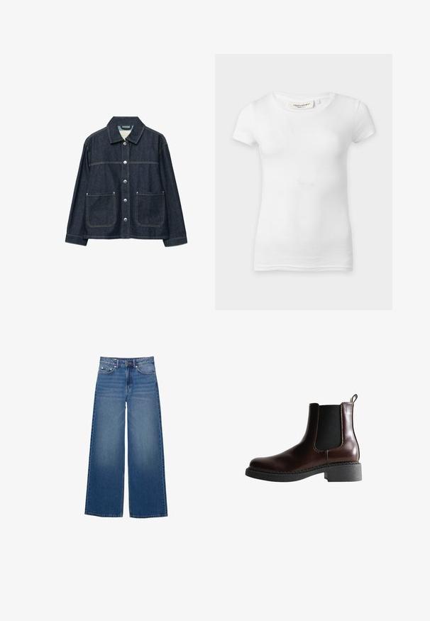 Mørkeblå denimjakke med sølvfarvede trykknapper foran, to forlommer med påsyede lommer og en lige krave.; Plain hvid kortærmet tætsiddende t-shirt med rund halsudskæring, vist på en flad overflade.; Vidde-ben denimjeans i en mellemblå vask, med høj talje, fem-lomme design og syningsdetaljer langs sømmene.; Brune læder ankelstøvle med elastiske sidepaneler, rund tå og en struktureret sort gummisål. Har kontrasterende syninger og en trækflap.