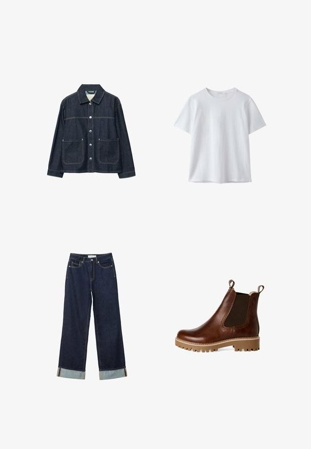 Dunkelblaue Jeansjacke mit silbernen Druckknöpfen vorne, zwei aufgesetzten Fronttaschen und geradem Kragen.; Schlichtes weißes T-Shirt mit kurzen Ärmeln und Rundhalsausschnitt aus weichem Stoff, dargestellt auf weißem Hintergrund.; Dunkelblaue, weit geschnittene Jeans mit hoher Taille, ausgestattet mit aufgerollten Säumen, Kontrastnähten und einem Fünf-Taschen-Design. Hergestellt aus Denim-Stoff.; Tamaris ELEGANTE MIT REMOVABLE SOCK - Ankle Boot - cognac