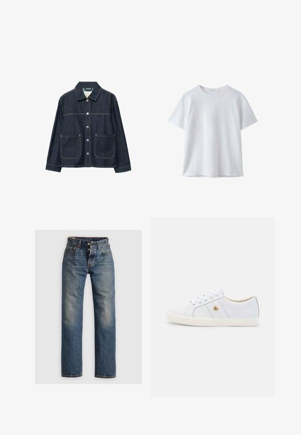 Veste en denim bleu foncé avec boutons-pression argentés sur le devant, deux poches plaquées à l'avant, et un col droit.; T-shirt blanc uni à manches courtes et col rond, en tissu doux, présenté sur fond blanc.; Jeans en denim bleu avec une coupe droite, dotés de coutures visibles, d'une fermeture éclair et de cinq poches. Des zones décolorées ajoutent de la texture.; Lauren Ralph Lauren JANSON II ACTION LEATHER SNEAKER - Baskets basses - real white
