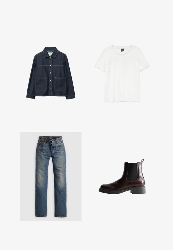 Dunkelblaue Jeansjacke mit silbernen Druckknöpfen vorne, zwei aufgesetzten Fronttaschen und geradem Kragen.; Weißes T-Shirt mit kurzen Ärmeln und rundem Ausschnitt, hergestellt aus leichtem Stoff. Schlichtes Design, glatte Textur und gerader Saum.; Blaue Denim-Jeans mit geradem Bein, ausgestattet mit sichtbaren Nähten, einem Reißverschluss und fünf Taschen. Ausgewaschene Stellen sorgen für Textur.; Braune Leder-Boots mit elastischen Seitenteilen, runder Spitze und einer strukturierten schwarzen Gummisohle. Verfügt über kontrastierende Nähte und eine Ziehlasche.