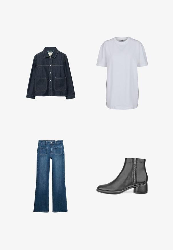 Donkerblauw denimjack met zilverkleurige drukknoopsluiting aan de voorkant, twee opgezette voorzakken en een rechte kraag.; Effen wit T-shirt met korte mouwen en ronde hals, met een rechte zoom en een klein zichtbaar merklabel binnenin de kraag.; Blauwe denim flared jeans met een middelhoge taille, sluiting met een knoop en rits aan de voorkant, vijf zakken en gestikt detail op de naden.; Zwarte leren enkelboot met een ronde neus, zijrits en lage blokhak. Glad materiaal en een minimalistisch ontwerp.