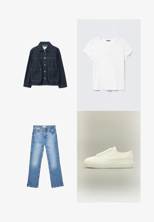 Donkerblauw denimjack met zilverkleurige drukknoopsluiting aan de voorkant, twee opgezette voorzakken en een rechte kraag.; Effen wit T-shirt met korte mouwen en V-hals, met een klein "WEEKDAY" label aan de binnenkant van de kraag, getoond op een lichtgrijze achtergrond.; Lichtblauwe denim jeans, recht model, vervaagde gebieden en subtiele slijtage. Voorzien van vijf zakken en een klassieke knoopsluiting.; Witte lage canvas sneaker met veters aan de voorkant en dikke, getextureerde rubberen zool op een neutrale achtergrond.