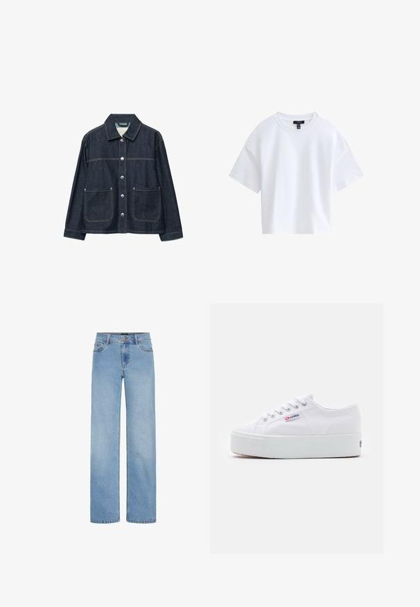 Dunkelblaue Jeansjacke mit silbernen Druckknöpfen vorne, zwei aufgesetzten Fronttaschen und geradem Kragen.; Schlichtes weißes kurzärmeliges Cropped-T-Shirt mit rundem Ausschnitt und schwarzem Markenlabel innen im Kragen.; Hellblaue, weit geschnittene Jeans aus Denim. Verfügt über einen Standardbund, Fronttaschen und einen Reißverschluss mit Knopfverschluss.; Weiße Leinenschuhe mit einer dicken weißen Plattformsohle, runder Zehenpartie und Metallösen für die Schnürsenkel. Markenlogo an der Seite angebracht.