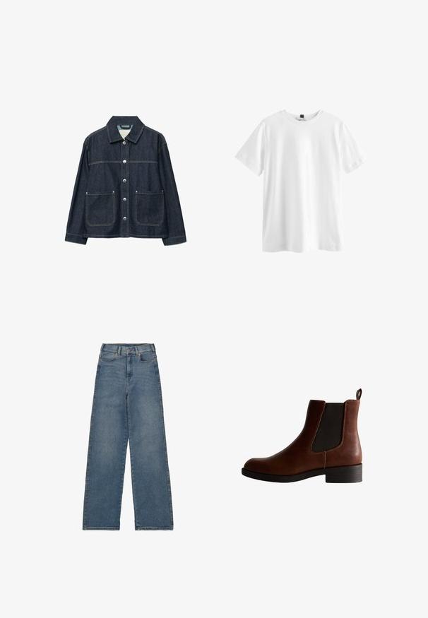 Donkerblauw denimjack met zilverkleurige drukknoopsluiting aan de voorkant, twee opgezette voorzakken en een rechte kraag.; Effen wit T-shirt met korte mouwen en ronde hals met een zwart label aan de binnenkant van de kraag, plat weergegeven op een witte achtergrond.; Hoge taille, wijde spijkerbroeken in mediumblauwe denim. Voorzien van vijf zakken, een voorknopsluiting en contrasterende stiksels.; Bruine leren enkelboot met elastische zijkanten, ronde neus en een lage blokhak. Kenmerkt zich door contrasterende stiksels en een trekband.