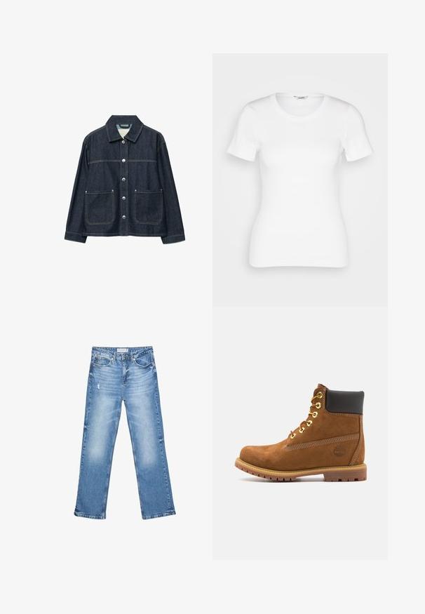 Dunkelblaue Jeansjacke mit silbernen Druckknöpfen vorne, zwei aufgesetzten Fronttaschen und geradem Kragen.; Weißes Baumwoll-T-Shirt mit kurzen Ärmeln, rundem Ausschnitt und gerippter Textur. Schmal geschnittenes Design mit einer glatten, sauberen Verarbeitung.; Hellblaue Jeans aus Denim, mit geradem Bein, ausgewaschenen Stellen und subtilen Abnutzungen. Verfügt über fünf Taschen und einen klassischen Knopfverschluss.; Braune Wildleder-Stiefelette mit schwarzem gepolstertem Kragen, goldenen Ösen, Schnürung an der Vorderseite und Gummisohle mit strukturiertem Muster.