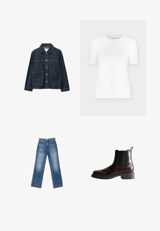 Dunkelblaue Jeansjacke mit silbernen Druckknöpfen vorne, zwei aufgesetzten Fronttaschen und geradem Kragen.; Weißes T-Shirt mit kurzen Ärmeln und Rundhalsausschnitt, schlanker Passform und gerippter Stoffstruktur, dargestellt vor einem schlichten hellgrauen Hintergrund.; Helle Denim-Hosen mit weitem Bein und einem verwaschenen Finish, fünf Taschen, sichtbaren Nähten, Knopf- und Reißverschluss sowie geradem Schnitt.; Braune Leder-Boots mit elastischen Seitenteilen, runder Spitze und einer strukturierten schwarzen Gummisohle. Verfügt über kontrastierende Nähte und eine Ziehlasche.