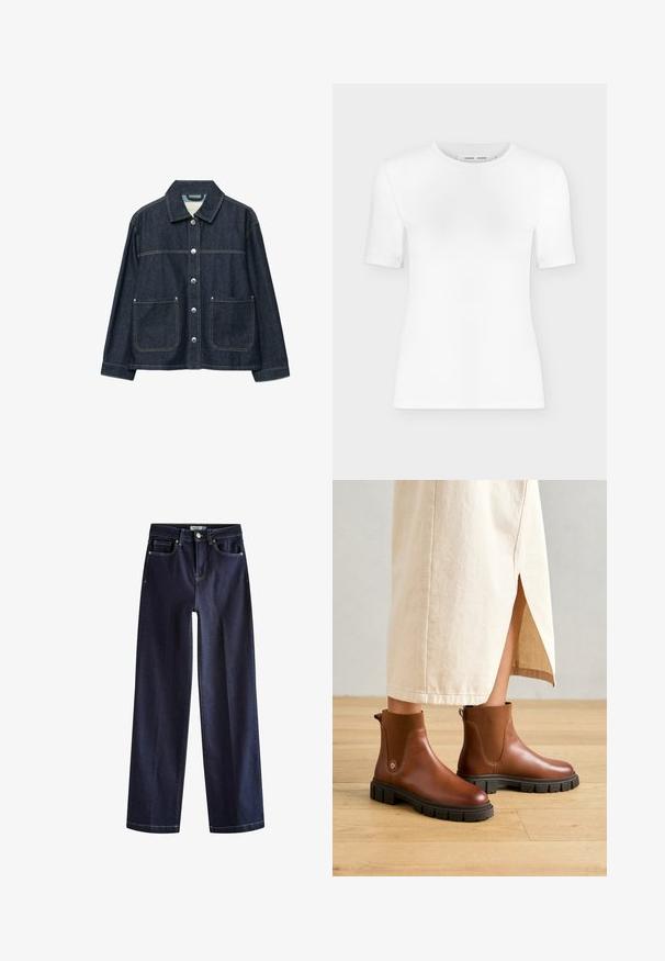 Mørkeblå denimjakke med sølvfarvede trykknapper foran, to forlommer med påsyede lommer og en lige krave.; Hvid T-shirt med rund hals, korte ærmer, slank pasform og ribbet stofstruktur, vist på en ensfarvet lys grå baggrund.; Next Jeans Straight Leg - rinse blue; Brune læder ankelstøvler med en kraftig sort gummi sål, der har elastiske sidepaneler og en pull-tab bagpå for nem påtagning.