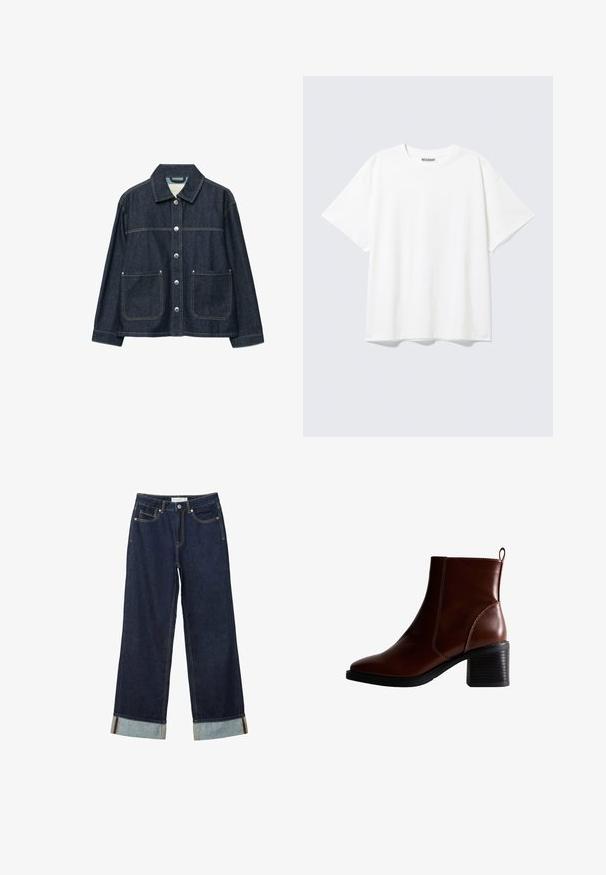 Donkerblauw denimjack met zilverkleurige drukknoopsluiting aan de voorkant, twee opgezette voorzakken en een rechte kraag.; Witte T-shirt met korte mouwen en een ronde hals, met een relaxte pasvorm en een "WEEKDAY" label aan de binnenkant achter bij de hals.; Donkerblauwe wijde jeans met een hoge taille, voorzien van omgeslagen manchetten, contrasterende stiksels en een vijf-pocket ontwerp. Gemaakt van denim stof.; Bruin lederen enkellaars met een vierkante neus en zijnaad, een gestapelde hak van 7,5 cm en een lus aan de achterkant voor gemakkelijk aan- en uittrekken.