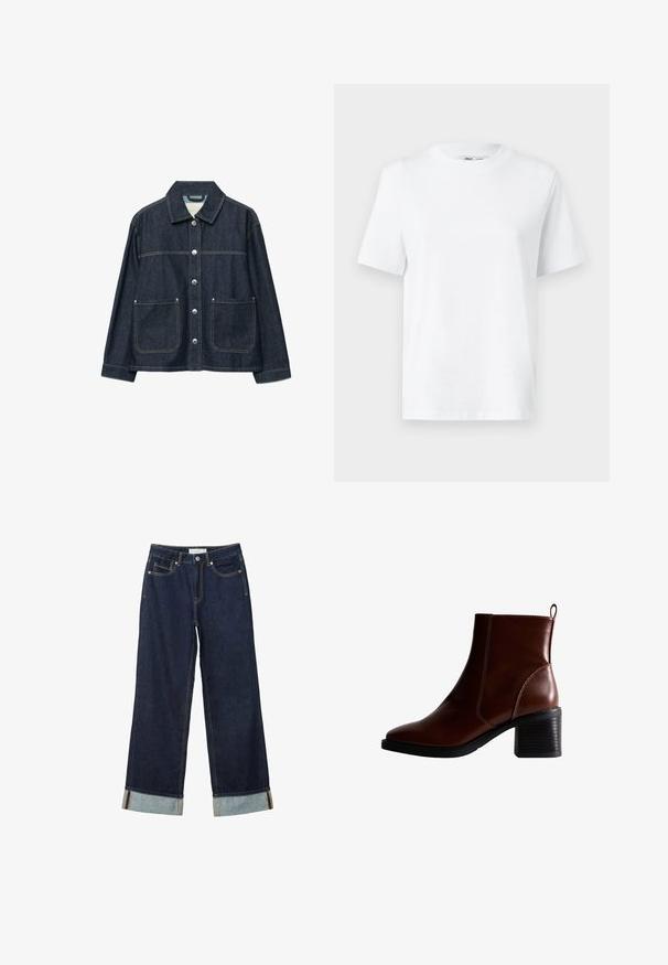 Dunkelblaue Jeansjacke mit silbernen Druckknöpfen vorne, zwei aufgesetzten Fronttaschen und geradem Kragen.; Weißes Baumwoll-T-Shirt mit Rundhalsausschnitt, kurzärmlig und mit glatter Textur. Entworfen mit einer lockeren Passform für Komfort und Vielseitigkeit.; Dunkelblaue, weit geschnittene Jeans mit hoher Taille, ausgestattet mit aufgerollten Säumen, Kontrastnähten und einem Fünf-Taschen-Design. Hergestellt aus Denim-Stoff.; Braune Leder-Ankle-Boots mit quadratförmiger Spitze und seitlicher Naht, einem 7,5 cm hohen Blockabsatz und einem Ziehhilfen an der Rückseite für einfaches An- und Ausziehen.