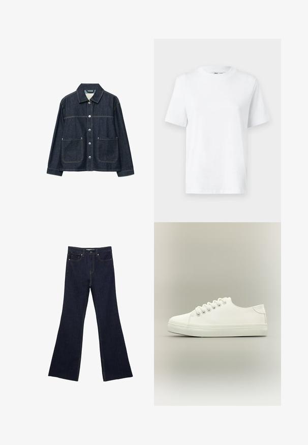 Dunkelblaue Jeansjacke mit silbernen Druckknöpfen vorne, zwei aufgesetzten Fronttaschen und geradem Kragen.; Weißes Baumwoll-T-Shirt mit Rundhalsausschnitt, kurzärmlig und mit glatter Textur. Entworfen mit einer lockeren Passform für Komfort und Vielseitigkeit.; Dunkelblaue Jeans mit ausgestelltem Bein, ausgestattet mit einem klassischen Fünf-Taschen-Design und sichtbaren Nähten. Der Stoff hat eine glatte Textur mit minimalen Verblassungen.; Weißer Low-Top-Sneaker mit weißen Schnürsenkeln und Gummisohle, seitlich auf neutralem Hintergrund dargestellt.