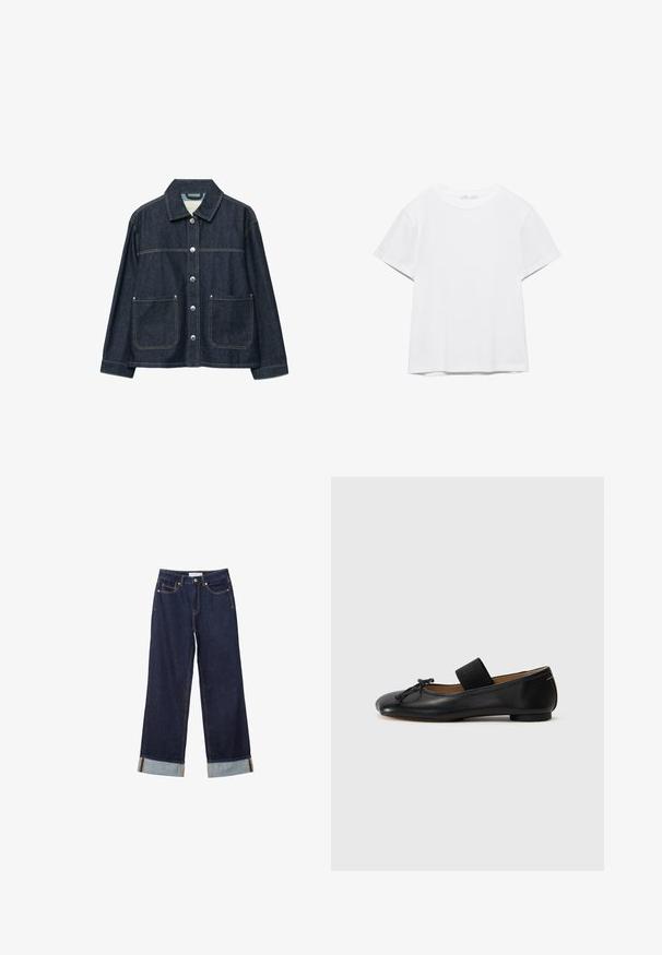 Veste en denim bleu foncé avec boutons-pression argentés sur le devant, deux poches plaquées à l'avant, et un col droit.; T-shirt blanc uni à manches courtes et col rond, avec un ourlet droit, présenté sur un fond blanc.; Jeans larges bleu foncé avec ourlets retroussés, poches avant et couture visible, étalés à plat sur un fond blanc.; Ballerines en cuir noir avec un bout arrondi, un petit nœud décoratif et une lanière élastique sur le cou-de-pied pour un maintien sécurisé. Semelle plate.
