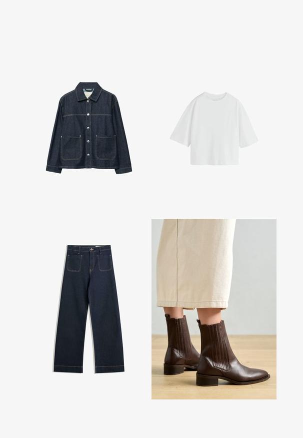 Dunkelblaue Jeansjacke mit silbernen Druckknöpfen vorne, zwei aufgesetzten Fronttaschen und geradem Kragen.; Schlichtes weißes oversized T-Shirt mit kurzen Ärmeln, rundem Ausschnitt und lockerem Schnitt.; Dunkelblaue weite Jeans aus Denim mit kontrastierendem hellbraunem Nähen, zwei Gesäßtaschen und einem Knopfverschluss an der Taille.; Pavement SHANI - Stiefelette - brown