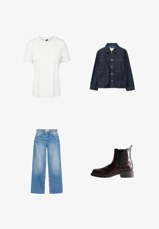 Mørkeblå denimjakke med sølvfarvede trykknapper foran, to forlommer med påsyede lommer og en lige krave.; Hvid kortærmet t-shirt lavet af bomuld med rund halsudskæring og afslappet pasform. Glat tekstur og ingen synlige mønstre eller dekorationer.; Lyseblå jeans med vide ben lavet af denim, med høj talje, subtil falmet effekt og klassisk fem-lomme-design med kobberdetaljer.; Brune læder ankelstøvle med elastiske sidepaneler, rund tå og en struktureret sort gummisål. Har kontrasterende syninger og en trækflap.