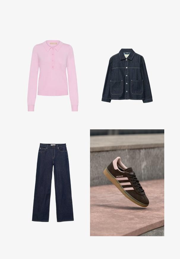Mørkeblå denimjakke med sølvfarvede trykknapper foran, to forlommer med påsyede lommer og en lige krave.; Rosa strikket langærmet polo sweater med krave, der har en fem-knaps placket og ribbet kant. Blød tekstur, tætsiddende design.; Mørkeblå jeans med lige ben, forlommer, bæltestropper, knaplukning og synlige kontrastsyninger.; Mørkebrun ruskindsneaker med pink detaljer, der har tre pink striber, en tekstureret sål og en logo på siden. Klassisk lavprofil-design.