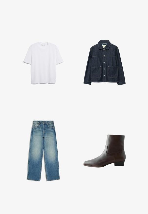Dunkelblaue Jeansjacke mit silbernen Druckknöpfen vorne, zwei aufgesetzten Fronttaschen und geradem Kragen.; Weißes Baumwoll-T-Shirt mit kurzen Ärmeln, runder Halslinie und lockerer Passform. Keine sichtbaren Muster oder Logos. Glatte Textur.; Blaue Jeans mit weitem Bein, ausgewaschenem Vorderteil, Fünf-Taschen-Design, Gürtelschlaufen und Knopfverschluss.; Dunkelbrauner Lederknöchelstiefel mit niedrigem Blockabsatz und spitzer Schuhspitze, seitlich auf weißem Hintergrund gezeigt.