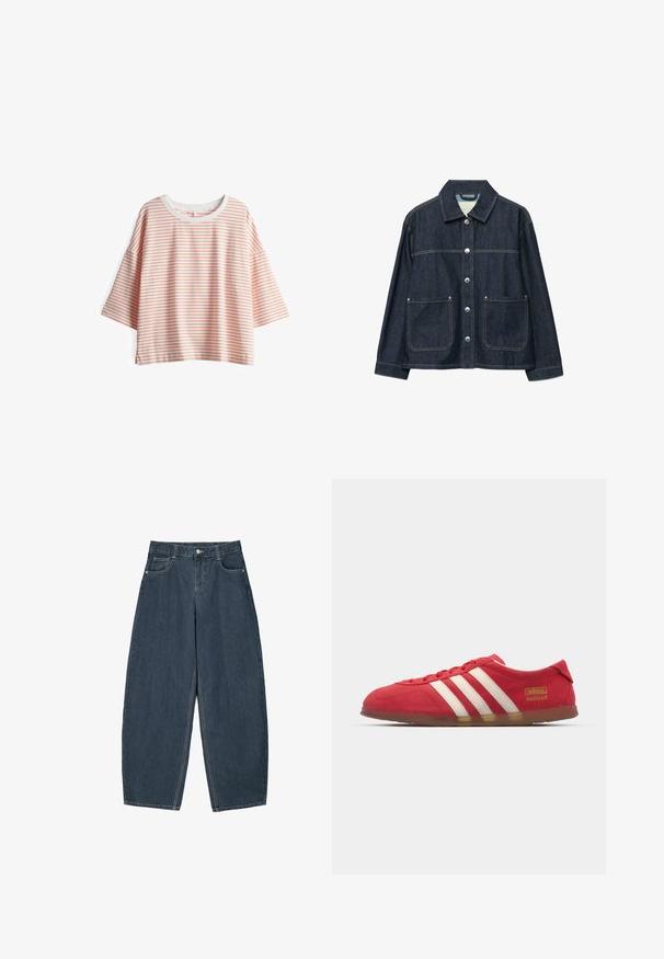 Dunkelblaue Jeansjacke mit silbernen Druckknöpfen vorne, zwei aufgesetzten Fronttaschen und geradem Kragen.; Gestreiftes Kurzarmoberteil aus leichtem Stoff. Mit cremefarbenen und hellorangen Streifen, rundem Halsausschnitt und seitlichen Schlitzen.; Dunkelblaue Denim-Hosenträger mit weitem Bein und hoher Taille, ausgestattet mit fünf Taschen und sichtbaren Nähdetails. Sauberes, minimalistisches Design.; Rote Wildledersneaker mit weißem Drei-Streifen-Design, flacher Außensohle und goldenen Logodetails. Niedrig geschnittenes Design mit runder Zehenpartie und Schnürverschluss.