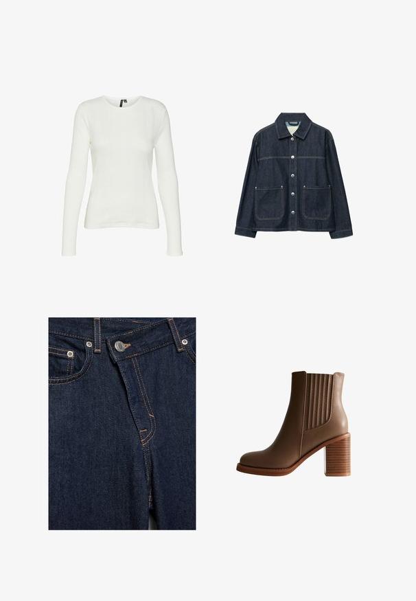 Mørkeblå denimjakke med sølvfarvede trykknapper foran, to forlommer med påsyede lommer og en lige krave.; Hvid langærmet skjorte med rund halsudskæring. Stoffet har et struktureret mønster med lodrette linjer og ribbede detaljer.; Nærbillede af mørkeblå denimjeans foran med metalknap, lynlås, forlommer og orange syningsdetaljer.; Brun læder ankelstøvle med stablet blokhæl og elastiske sidepaneler for nem påtagning, vist i profilvisning på hvid baggrund.