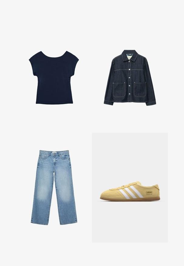Veste en denim bleu foncé avec boutons-pression argentés sur le devant, deux poches plaquées à l'avant, et un col droit.; Haut bleu marine à manches courtes avec un large décolleté et une coupe décontractée. Texture lisse, design jusqu'à la hanche, sans motifs ni éléments visibles.; Jean large bleu clair en denim. Les caractéristiques incluent des poches avant, une fermeture éclair et un léger délavage le long des cuisses.; adidas Originals GAZELLE LO PRO W - Baskets basses - almost yellow/footwear white