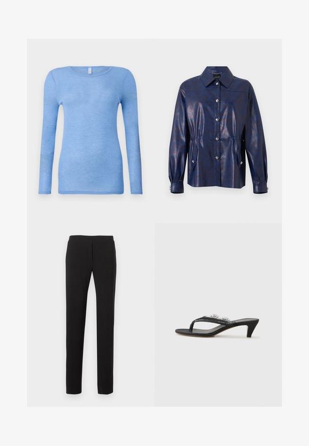 Mørkeblå jakke i imiteret læder med subtilt dyreprint, knaplukning foran, taljefremhævet, manchetærmer og to forlommer med knapper.; Lys blå langærmet t-shirt i et blødt, let materiale. Har rund hals og tætsiddende design. Ingen synlige mønstre eller detaljer.; Sorte slanke bukser med flad front og uden synlige lommer, vist mod en hvid baggrund.; NEOUS KALLIOPE - Sandaler m/ tåsplit - black