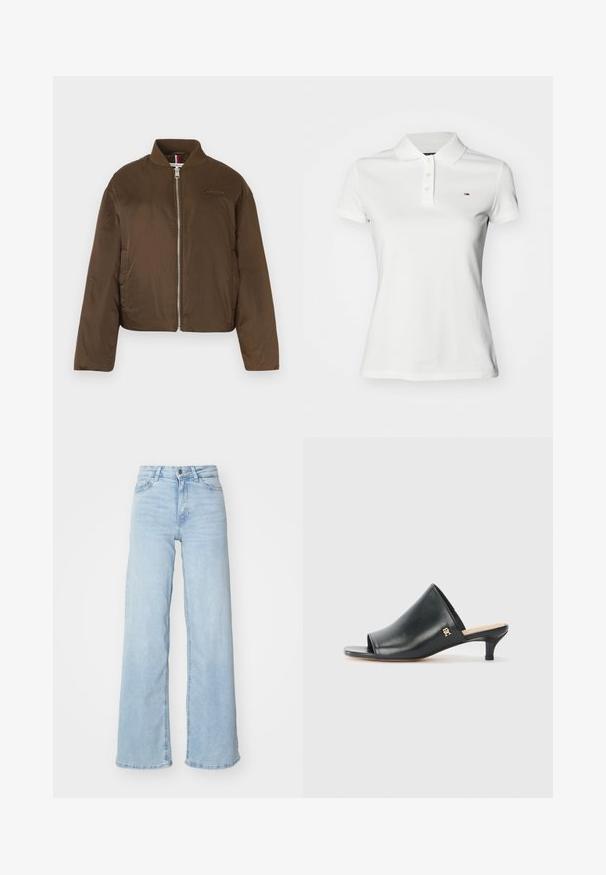 Chaqueta marrón corta hecha de tela suave, con cuello alto, cierre de cremallera y bordado de logo en el pecho.; Polo blanco de manga corta con cuello y tres botones, con un pequeño logo de Tommy Hilfiger en el lado izquierdo del pecho.; Jeans de mezclilla de pierna ancha en azul claro. Presentan una cintura alta, cierre delantero con botón y dos bolsillos. Textura suave con un leve desgaste.; Mules de cuero negro de punta abierta con un tacón bajo. Presentan una superficie lisa y un acento del logo dorado en el costado.