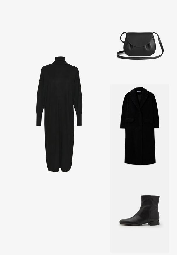 Lang sort uldblandingsfrakke med slagkrave, to forlommer med klap, lange ærmer og en brystlomme, ubuttoned.; Sort strikket kjole med høj mock neck, lange ærmer og en afslappet pasform. Glat tekstur med længde til midt på læggen og ingen synlige mønstre eller detaljer.; Sort læder ankelstøvle med spids tå, glat tekstur, minimalistisk design og en lav blokhæl. Sidelukning går op til anklen.; Sort læder crossbody taske med en rund form, der har en klaplukning og bløde, samlede detaljer. Justerbar rem for bekvemmelighed.