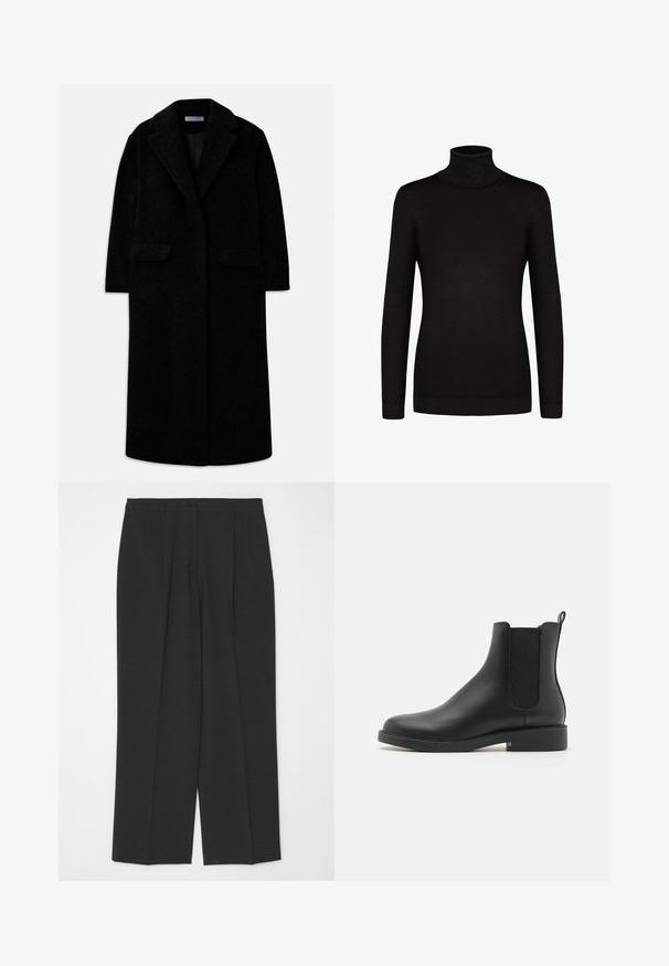 Manteau long en mélange de laine noire avec col à revers, deux poches plaquées à l'avant, manches longues et une poche poitrine passepoilée, déboutonné.; Pull noir à col roulé, à manches longues, fabriqué en tissu doux, présente une silhouette ajustée et des poignets et un col côtelés.; Pantalons tailleur gris foncé avec une coupe droite, dotés d'un closing à un bouton et de deux plis avant, texture lisse et sans embellissements.; Bottines en cuir noir avec des panneaux élastiques sur les côtés, bout arrondi, petit talon carré et une languette à l'arrière pour un enfilage facile.