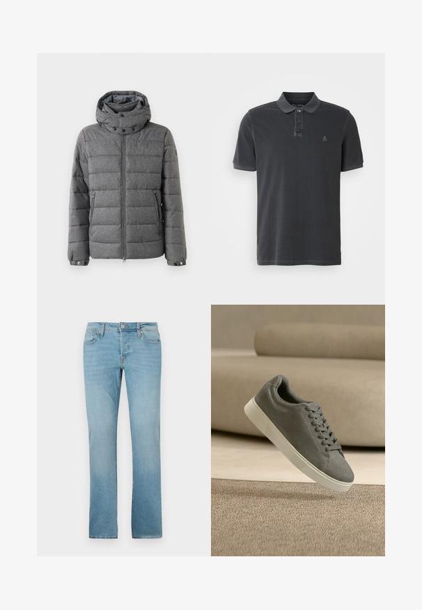 Graue Pufferjacke mit hohem Kragen, verstellbare Kapuze, Vorderreißverschluss und zwei Seitentaschen. Hergestellt aus strukturierter Stoff mit gesteppten Bereichen.; Dunkelgraues Poloshirt aus Baumwolle, mit einem Knopfkragen, kurzen Ärmeln und einem gestickten Logo auf der linken Brust.; Helle Blaue Jeans aus Denim mit geradem Bein, fünf Taschen, Knopfverschluss und subtiler Verblassung für Textur.; Grauer Wildledersneaker mit weißer Sohle und Schnürsenkeln, der über einem strukturierten beigen Teppich in einem neutral gehaltenen Raum schwebt.