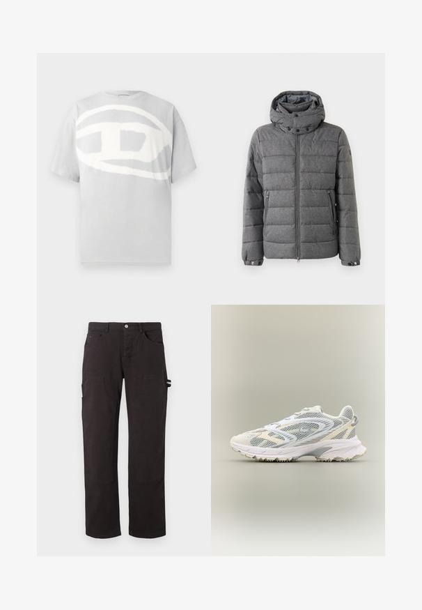 Chaqueta de plumas gris con un cuello alto, capucha ajustable, cremallera frontal y dos bolsillos laterales. Hecha de un tejido texturizado con secciones acolchadas.; Camiseta de algodón gris con un gran diseño abstracto de logo blanco en el frente. Mangas cortas y cuello redondo. Textura suave.; Tommy Jeans JAIMIE CARPENTER DOUBLE KNEE - Pantalones - black; Zapatilla deportiva blanca con paneles de malla gris, superposiciones texturizadas, un collar acolchado y una suela de goma con pequeños picos de tracción.