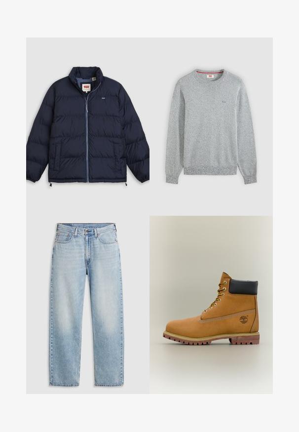 Tmavomodrá prešívaná bunda so zipsom vpredu, dvoma bočnými vreckami, elastickými manžetami a logom Levi's na hrudi a na vnútornej etikete goliera.; Svetlosivý pletený sveter s okrúhlym výstrihom, dlhými rukávmi a malým logom Levi's na ľavej strane hrude.; Svetlomodré džínsy rovného strihu s piatimi vreckami, kovovým zapínaním na gombík a vyblednutými detailmi na stehnách a kolenách, položené na bielom pozadí.; Hnedá kožená členková členková obuv s čiernym golierom, žltými šnúrkami a béžovou podrážkou. Má logo a biele prešívanie. Hrubá podrážka s dobrým záberom.