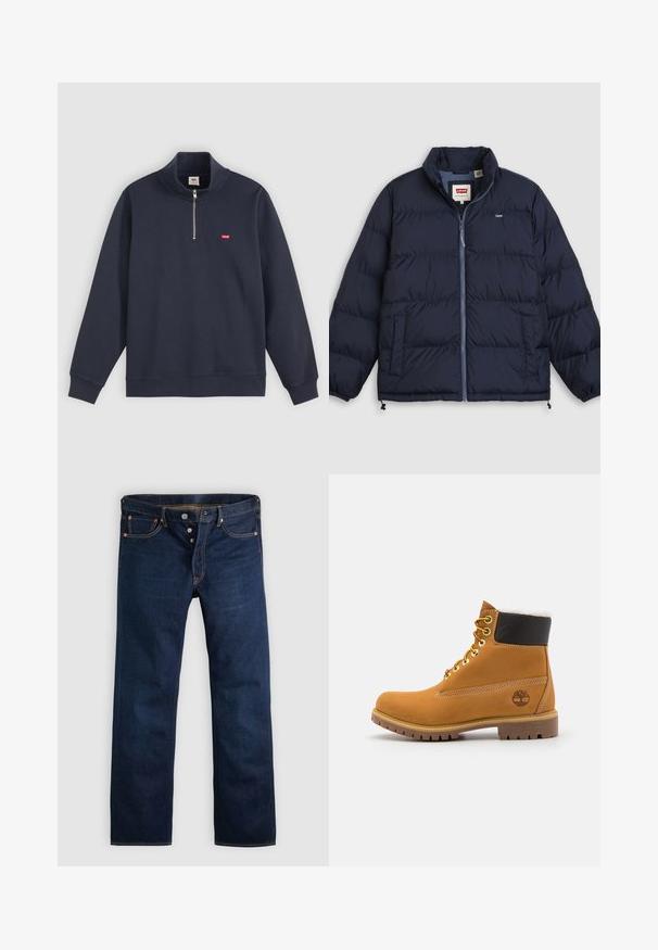 Tmavomodrá prešívaná bunda so zipsom vpredu, dvoma bočnými vreckami, elastickými manžetami a logom Levi's na hrudi a na vnútornej etikete goliera.; Námornícky modrý pulóver vyrobený z bavlnenej zmesi, s vysokým golierom, polovičným zipsom a malým červeným logom na ľavom prsníku.; Tmavomodré džínsy z denimu so strihom na rovné nohavice, piatimi vreckami a zlatým prešitím. Majú zapínanie na gombíky a medené nitmi. Hladká textúra.; Hnedé kožené ankle boot s kovovými očkami, bielym kožúškom vo vnútri, čiernym vypolstrovaným golierom, robustnou podrážkou a vyrazeným logom na boku.