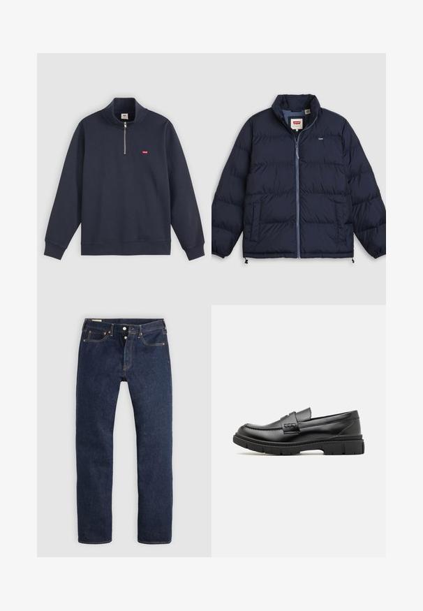 Marineblaue Steppjacke mit Frontreißverschluss, zwei Seitentaschen, elastischen Bündchen und Levi's-Logo auf der Brust und im Innenkragenetikett.; Marineblauer Pullover aus Baumwoll-Mix, mit hohem Kragen, halben Reißverschluss und kleinem roten Logo auf der linken Brust.; Dunkelblaue Jeans mit geradem Bein, Knopfleiste, Vorder- und Gesäßtaschen sowie kontrastierender Naht, flach auf hellem Hintergrund liegend.; Schwarze Lederloafer mit einem breiten Riemen über dem Rist, Gummisohle mit dicken Profilen und glatter Textur. Klassisches, schlankes Design.