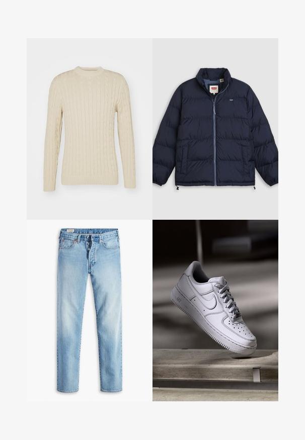 Marineblauwe donsjas met ritssluiting aan de voorkant, twee zijzakken, elastische manchetten en Levi's-logo op de borst en aan de binnenkant van het kraaglabel.; Kabelgebreide trui in lichtcreme. Heeft een ronde hals, lange mouwen, geribbelde boorden en zoom, met een gestructureerd oppervlakpatroon.; Lichtblauwe denim jeans met een rechte pijp, voorzien van vijf zakken, riemlussen en een knoopsluiting.; Witte Nike Air Force 1 sneaker van leer met geperforeerde neus, platte veters en een gestructureerde rubberen zool met "AIR"-logo aan de zijkant.