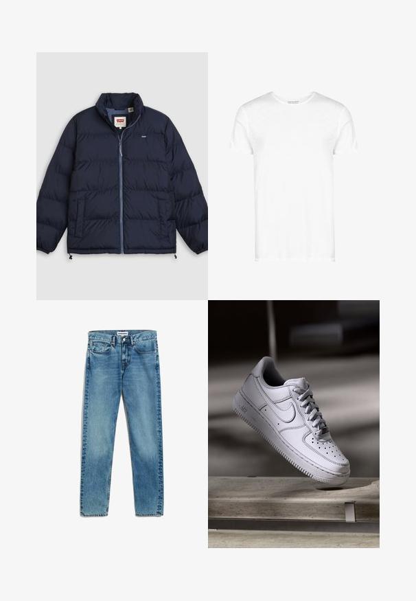 Marineblaue Steppjacke mit Frontreißverschluss, zwei Seitentaschen, elastischen Bündchen und Levi's-Logo auf der Brust und im Innenkragenetikett.; Weißes T-Shirt aus leichtem Baumwollstoff, mit klassischem Rundhalsausschnitt, kurzen Ärmeln und einem leicht strukturierten Gewebe. Keine Logos oder Muster.; Helle blaue Denim-Jeans mit geradem Schnitt, fünf Taschen, Reißverschluss und dezentem Ausbleichen des Stoffes. Metallknopfverschluss.; Weißer Nike Air Force 1 Sneaker aus Leder mit perforierter Zehenpartie, flachen Schnürsenkeln und strukturierter Gummisohle mit "AIR"-Branding an der Seite.