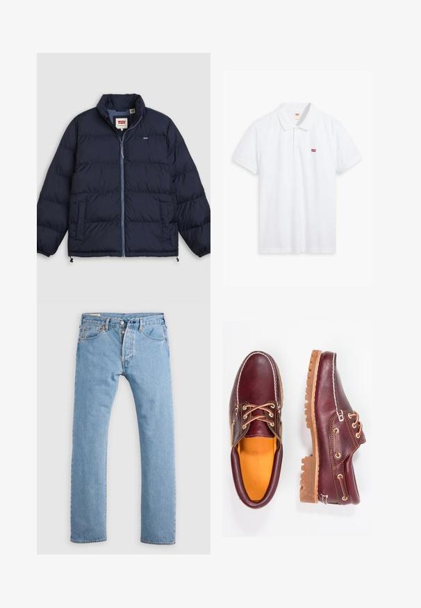 Doudoune bleu marine avec fermeture éclair à l'avant, deux poches latérales, poignets élastiques et logo Levi's sur la poitrine et sur l'étiquette intérieure du col.; Polo blanc en coton. Présente une patte de boutonnage à trois boutons, des manches courtes et un petit logo rouge Levi's sur la poitrine gauche.; Jean en denim droit bleu clair avec fermeture à boutons, passants de ceinture, et poches avant et arrière, présenté sur un fond blanc.; Chaussures en cuir bourgogne avec semelles en caoutchouc marron, bout rond, couture blanche et œillets dorés. L'intérieur présente une doublure jaune.