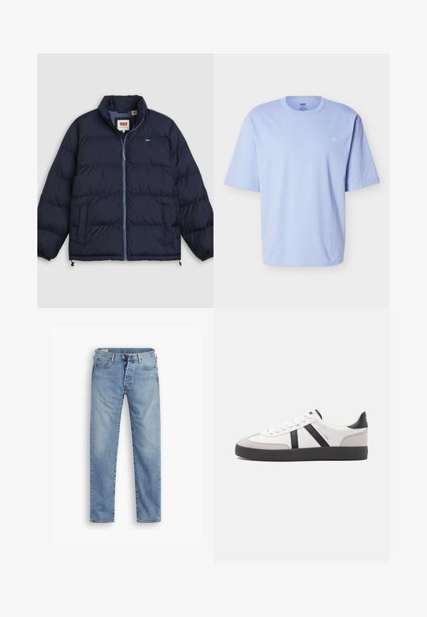 Marineblaue Steppjacke mit Frontreißverschluss, zwei Seitentaschen, elastischen Bündchen und Levi's-Logo auf der Brust und im Innenkragenetikett.; Hellblaues T-Shirt mit kurzen Ärmeln und Rundhalsausschnitt, locker geschnitten und mit dezentem kleinem Logo auf der linken Brustseite.; Hellblaue Denim-Jeans mit geradem Schnitt. Sie verfügen über einen Knopfverschluss, fünf Taschen und eine leicht verwaschene Textur.; Weiße Sneaker mit schwarz- und grau-aczenten, ausgestattet mit einer strukturierten grauen Zehenkappe, schwarzer Gummi-Sohle und flachen weißen Schnürsenkeln. Sauberes Design, minimalistische Stil.