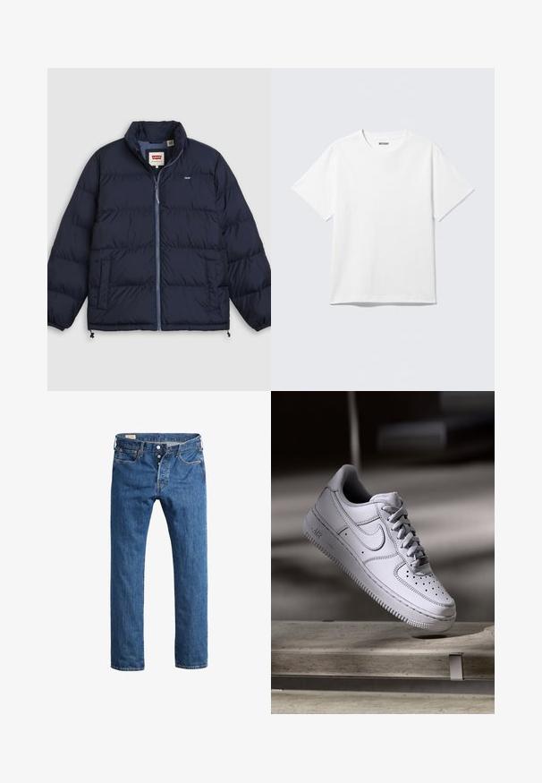 Marineblaue Steppjacke mit Frontreißverschluss, zwei Seitentaschen, elastischen Bündchen und Levi's-Logo auf der Brust und im Innenkragenetikett.; Weißes T-Shirt mit kurzen Ärmeln und Rundhalsausschnitt, flach liegend, schlichtes Design, mit „WEEKDAY“-Etikett innen im Kragen auf hellem Hintergrund.; Blaue Denim-Jeans mit geradem Bein, Frontknopfverschluss, Gürtelschlaufen und klassischem Fünf-Taschen-Stil.; Weißer Nike Air Force 1 Sneaker aus Leder mit perforierter Zehenpartie, flachen Schnürsenkeln und strukturierter Gummisohle mit "AIR"-Branding an der Seite.