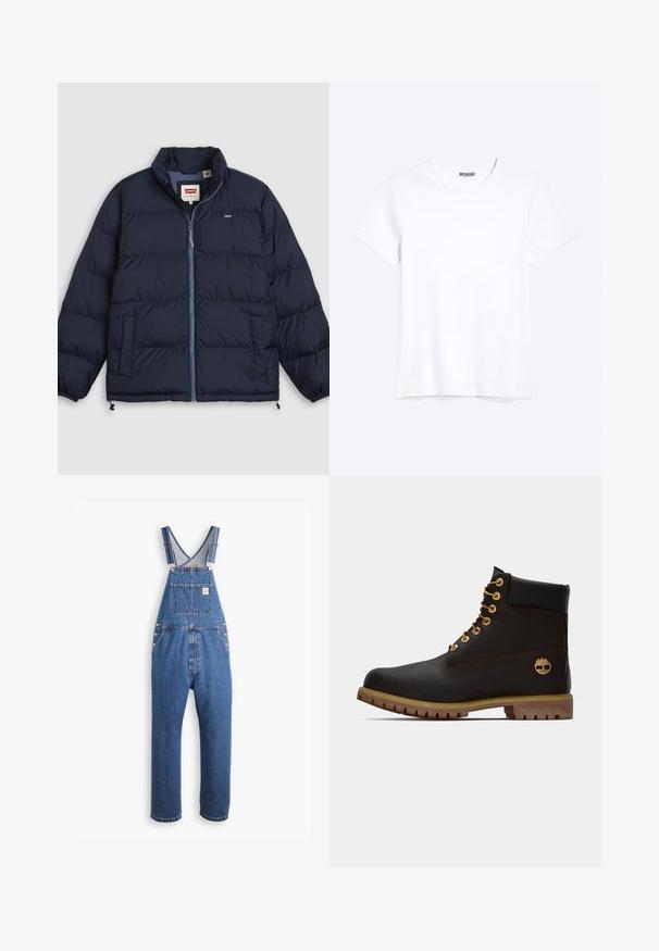 Mørkeblå dunjakke med frontlynlås, to sidelommer, elastiske ærmeafslutninger og Levi's-logo på brystet og på indvendig kraveetiket.; Enkelt hvid T-shirt med korte ærmer og rund hals med synligt WEEKDAY-mærke i kraven, vist på en lys baggrund.; Denim overalls i mellemblå, med justerbare stropper, en frontlomme og metalbeslag, i en afslappet pasform og lige ben-design.; Sorte læder ankelstøvle med gyldne øjer, brune detaljer og gummisål. Har en polstret krave og præget logo på siden.