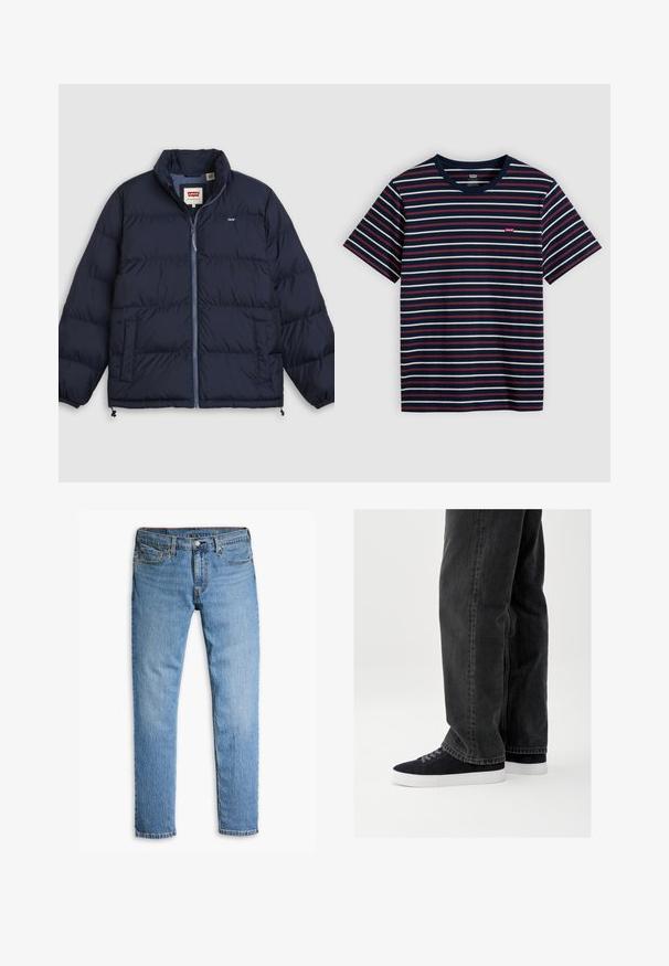 Laivastonsininen toppatakki, jossa etuvetoketju, kaksi sivutaskua, joustavat hihansuut ja Levi's-logo rinnassa sekä kauluksen sisäpuolella.; Laivastonsininen lyhythihainen T-paita, jossa valkoiset ja punaiset vaakaraidat sekä pieni punainen Levi's-logo rinnassa.; Vaaleansiniset farkut, joissa on suorat lahkeet, viisi taskua, näkyvää ommelta ja nappikiinnitys vyötäröllä.; Musta denimpan housut rentolla istuvuudella, yhdistettyinä laivastonsinisiin nupukkinahkatennareihin, joissa on valkoiset kumipohjat ja mustat nauhat. Yksinkertainen ja moderni muotoilu.