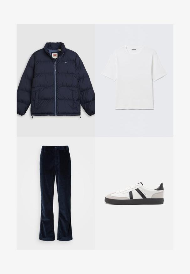 Doudoune bleu marine avec fermeture éclair à l'avant, deux poches latérales, poignets élastiques et logo Levi's sur la poitrine et sur l'étiquette intérieure du col.; T-shirt blanc uni à manches courtes et col rond, avec une petite étiquette "WEEKDAY" à l'intérieur du col arrière, présenté à plat.; Pantalons en velours côtelé bleu marine avec une coupe droite, présentant un ribbing vertical, une fermeture à bouton et des poches avant.; Baskets blanches avec des accents noirs et gris, présentant un embout texturé gris, une semelle en caoutchouc noir et des lacets plats blancs. Design épuré, style minimaliste.
