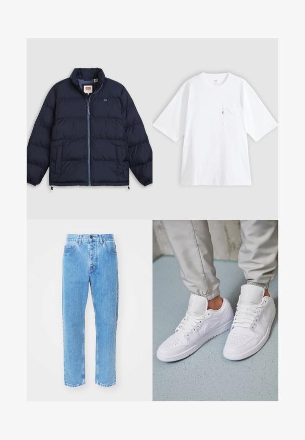 Doudoune bleu marine avec fermeture éclair à l'avant, deux poches latérales, poignets élastiques et logo Levi's sur la poitrine et sur l'étiquette intérieure du col.; T-shirt en coton blanc à manches courtes, col rond et poche poitrine gauche. Comprend une petite étiquette logo rouge sur la poche.; Des jeans en denim bleu clair présentent un design à jambe droite, cinq poches et une fermeture à bouton classique au niveau de la taille.; Des baskets en cuir blanc présentent une zone de perforation à l'avant, des lacets plats, un col rembourré et le logo Jordan sur la languette. Portées avec un pantalon de jogging gris.