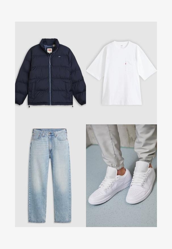 Mørkeblå dunjakke med frontlynlås, to sidelommer, elastiske ærmeafslutninger og Levi's-logo på brystet og på indvendig kraveetiket.; Hvid bomulds-T-shirt med korte ærmer, rund hals og lomme på venstre bryst. Har en lille rød logoetiket på lommen.; Lyseblå lige jeans med fem lommer, metalknaplukning og falmede detaljer ved lårene og knæene, lagt fladt på hvid baggrund.; Hvide lædersneakers har en perforeret tåboks, flade snørebånd, polstret krave og Jordan-logoet på tungen. Båret med grå joggers.
