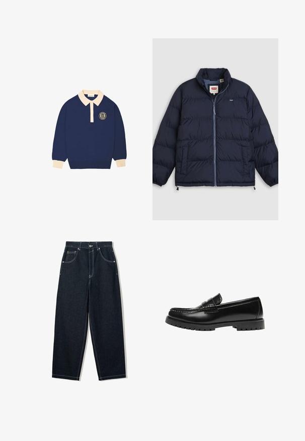 Mørkeblå dunjakke med frontlynlås, to sidelommer, elastiske ærmeafslutninger og Levi's-logo på brystet og på indvendig kraveetiket.; Langærmet navy blå polo shirt med beige krave og manchetter, udstyret med et rundt emblem med tekst på venstre bryst.; Løsvidde, mørke denim jeans med kontrastfarvet hvid syning, fem lommer og knappelukning. Har et højt talje-design.; Sort læderloafer med en kraftig gummisål og klassiske penny-strap detaljer, vist fra ydersiden.