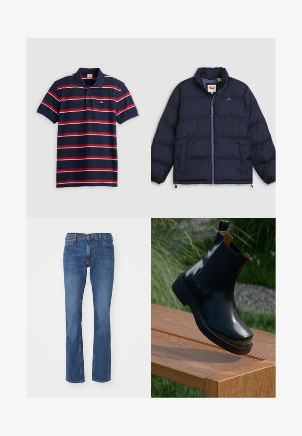 Doudoune bleu marine avec fermeture éclair à l'avant, deux poches latérales, poignets élastiques et logo Levi's sur la poitrine et sur l'étiquette intérieure du col.; Polo shirt bleu marine avec des rayures horizontales rouges et blanches, col à trois boutons et petit logo Levi's sur la poitrine. Matière en coton doux.; Jean bleus bootcut en denim, avec une taille mi-haute, un design à cinq poches et un léger délavage sur les jambes.; Bottines Chelsea en cuir noir avec finition lisse, panneaux latéraux élastiques, bout arrondi et semelle en caoutchouc épaisse, positionnées au-dessus d'une surface en bois.