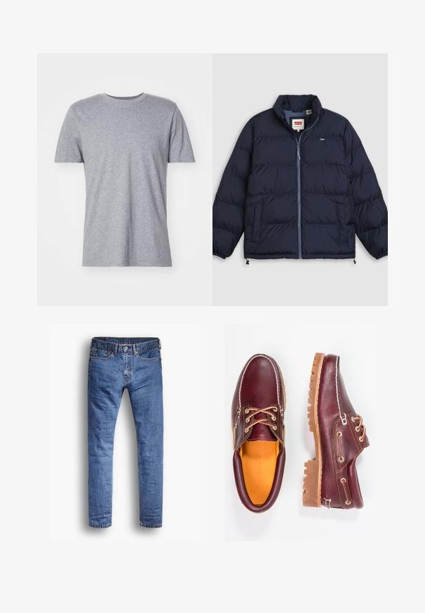 Mørkeblå dunjakke med frontlynlås, to sidelommer, elastiske ærmeafslutninger og Levi's-logo på brystet og på indvendig kraveetiket.; Grå, kortærmet t-shirt lavet af en bomuldsblanding, der har en klassisk crew neckline og en glat, blød tekstur.; Blå denimjeans med lige ben. Klassisk fem-lomme design med kobbernitte detaljer og en frynset kant.; Bordeaux lædersko med brune gummisåler, rund tå, hvid syning og gyldne snøringer. Indersiden har et gult for.